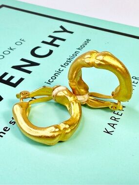 Givenchy Gold Plated Matte Vintage Bamboo Hoop Clip-On Earrings